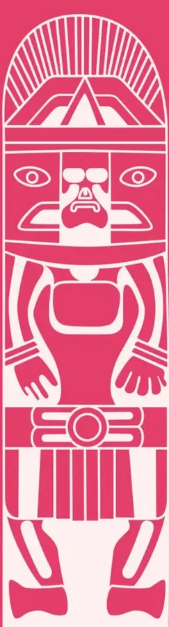 Ilustración estilizada de una deidad prehispánica o tótem en color rosa y blanco, con rostro, brazos y piernas, que acompaña el texto.