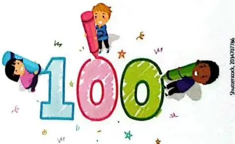 Ilustración colorida del número 100 acompañado por varios niños.