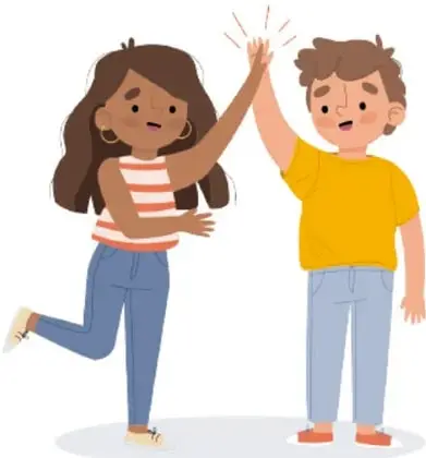 Dos niñas y un niño celebrando con un choque de manos (high five), símbolo de trabajo colaborativo y respeto.
