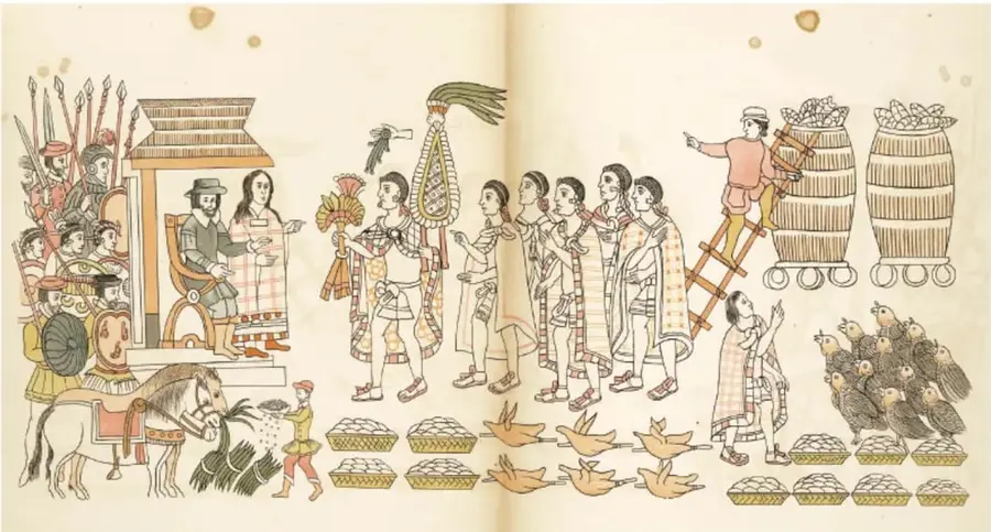 Lámina de documento pictográfico colonial: pareja española sentada bajo palio, guerreros, indígenas con mantas, canastas de pan, guajolotes vivos y graneros.