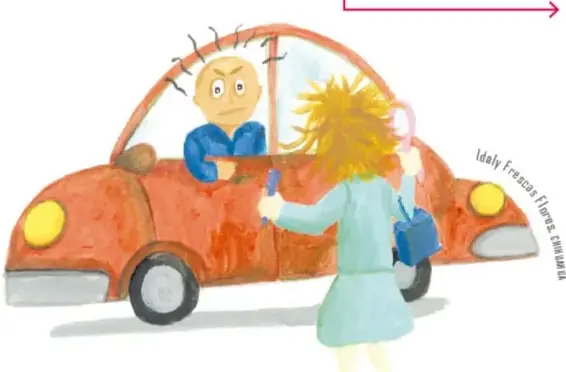 Ilustración de un hombre enojado manejando un auto rojo mientras una mujer le entrega algo desde afuera.