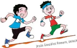 Ilustración de dos niños corriendo con cintas en la cabeza, representa el autocuidado físico (ejercicio). Ilustración de Jesús González Romero, OAXACA.