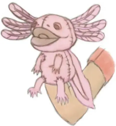 Ilustración de un títere de guante con forma de ajolote rosa con branquias, colocado sobre una mano. Crédito: Jodselin Hernández Falcón, Estado de México.
