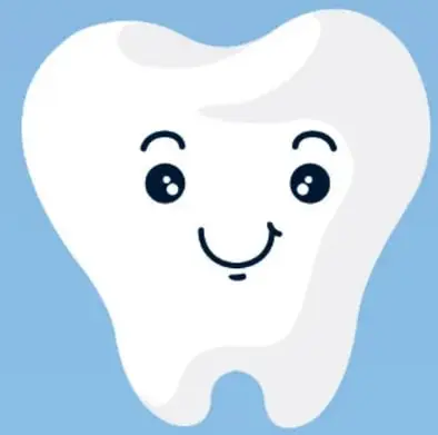 Título blanco grande 'CUANDO LOS…' y un diente antropomórfico sonriente con ojos grandes, junto al texto sobre la capa de minerales.