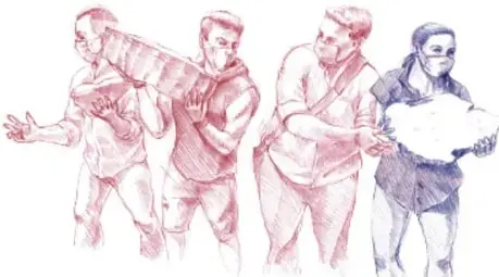 Ilustración de cuatro personas caminando, dos de ellas cargando un hombre herido sobre una manta.