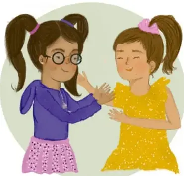 Ilustración de dos niñas conversando: una con lentes y blusa morada y otra con vestido amarillo, mostrando una situación de diálogo y empatía. Crédito: Ana María Hernández Hernández, Ciudad de México.