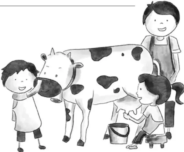 Ilustración en blanco y negro de un establo: un niño acaricia a una vaca, una niña la ordeña y un hombre observa la escena.