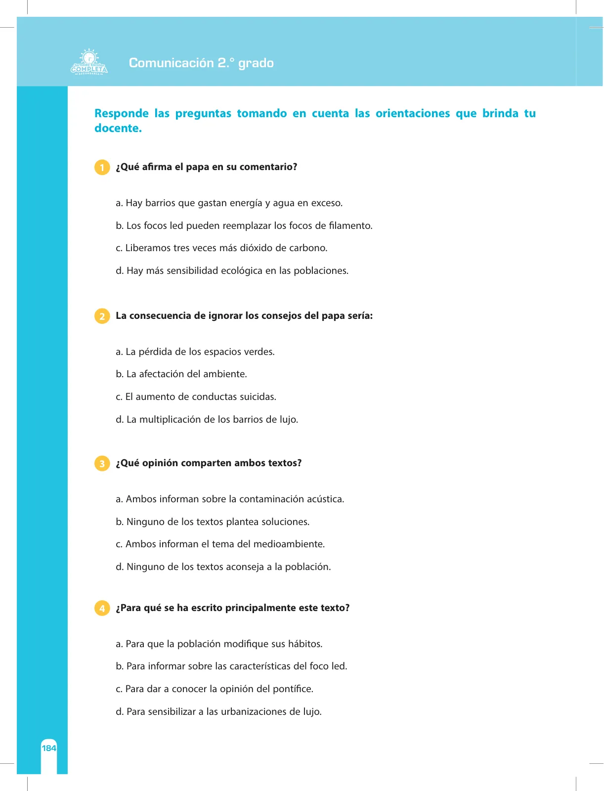 Miniatura página 184 de Comunicación Secundaria 2. Cuaderno de reforzamiento pedagógico - JEC · 2016