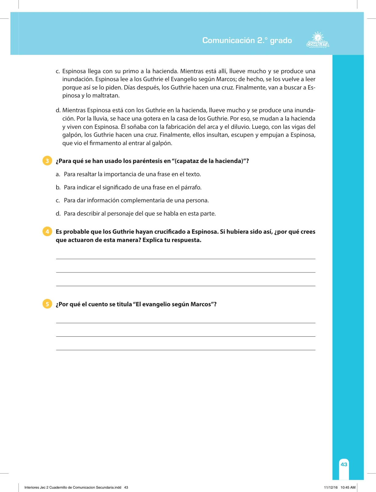 Página 43 de Comunicación Secundaria 2. Cuaderno de reforzamiento pedagógico - JEC · 2016