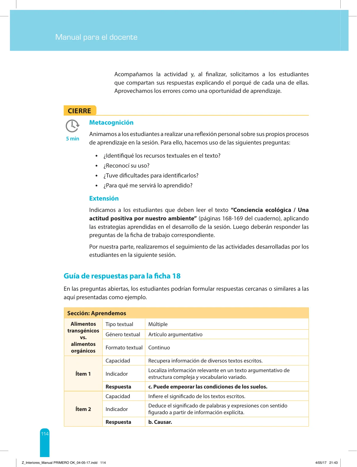 Miniatura página 116 de Comprensión lectora 1 : manual para el docente de primer grado de Secundaria · 2017