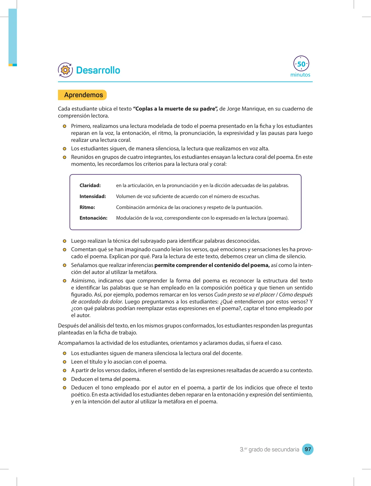 Miniatura página 99 de Comprensión lectora 3 : manual para el docente de tercer grado de Secundaria · 2017