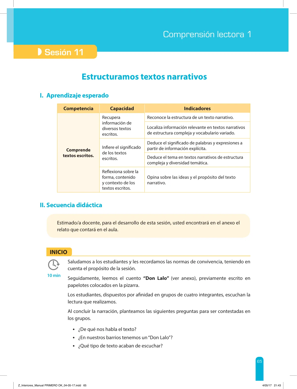 Miniatura página 67 de Comprensión lectora 1 : manual para el docente de primer grado de Secundaria · 2017