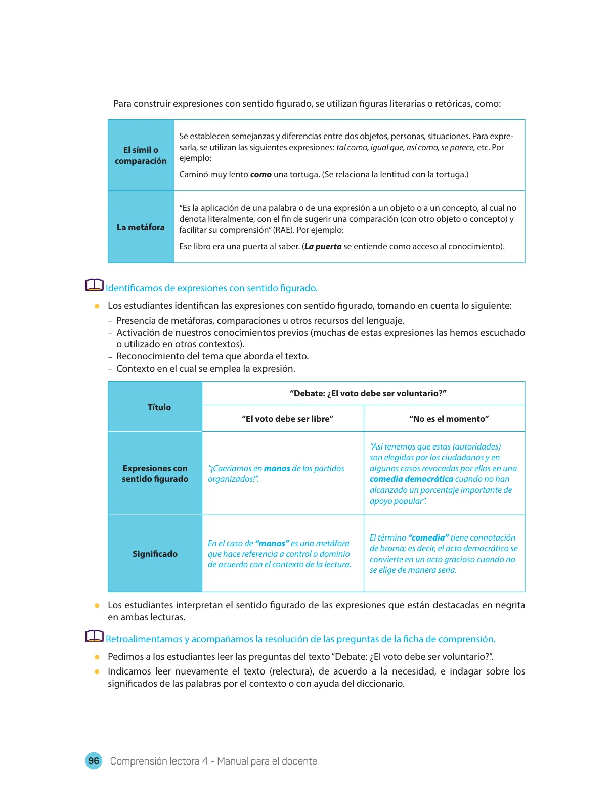Miniatura página 98 de Comprensión lectora : manual para el docente de cuarto grado de Secundaria 2018 · 2018