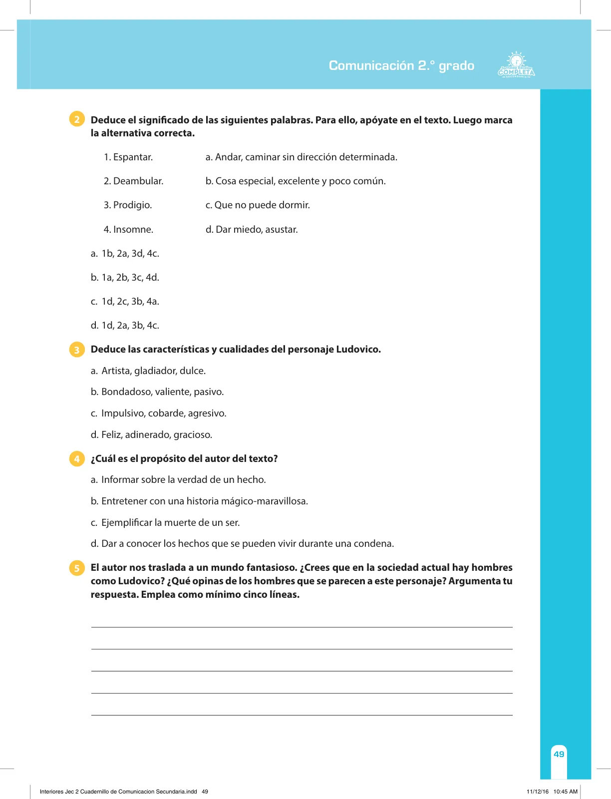 Página 49 de Comunicación Secundaria 2. Cuaderno de reforzamiento pedagógico - JEC · 2016