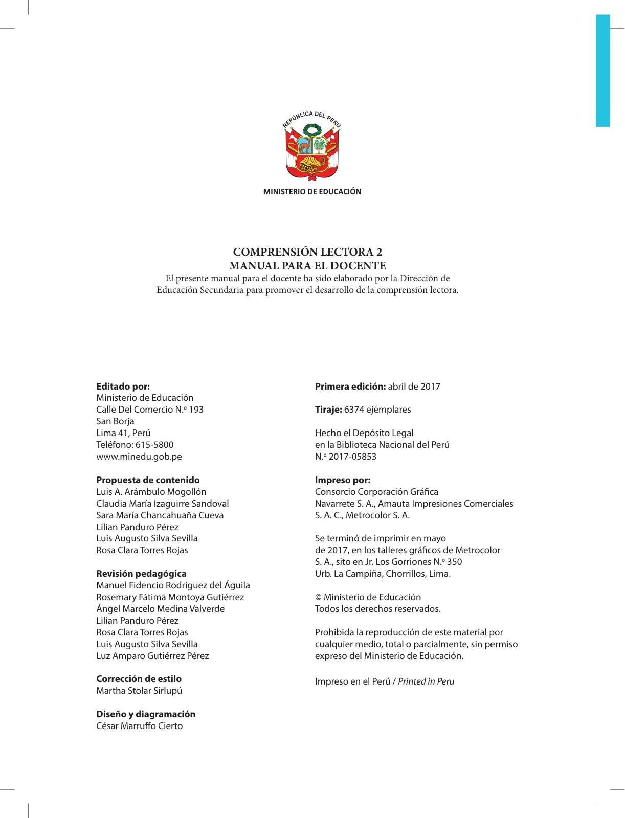 Página 4 de Comprensión lectora 2 : manual para el docente de segundo grado de Secundaria · 2017