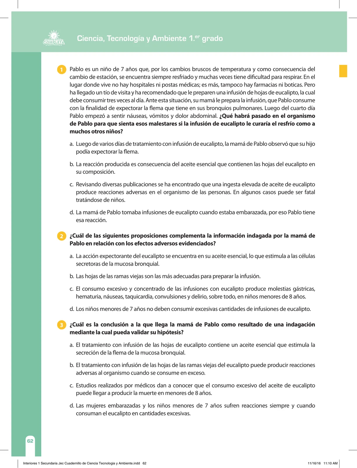 Página 62 de Ciencia, Tecnología y Ambiente 1. Cuaderno de reforzamiento pedagógico - JEC · 2016