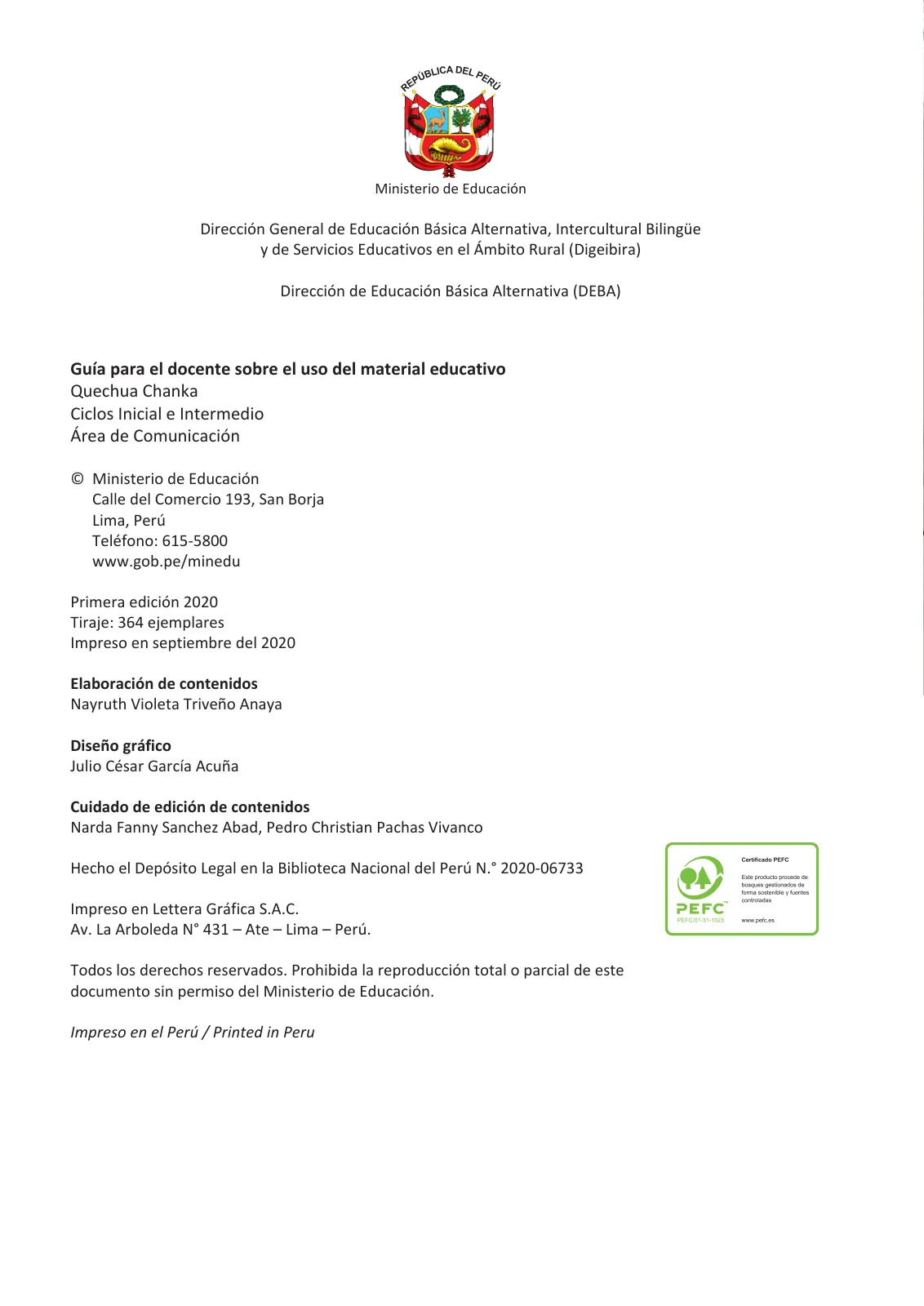 Página 2 de Guía para el docente sobre el uso del material educativo, Quechua Chanka. Ciclos Inicial e Intermedio, área de Comunicación · 2020