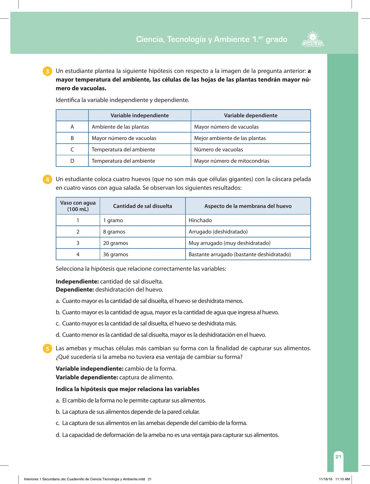 Página 21 de Ciencia, Tecnología y Ambiente 1. Cuaderno de reforzamiento pedagógico - JEC · 2016