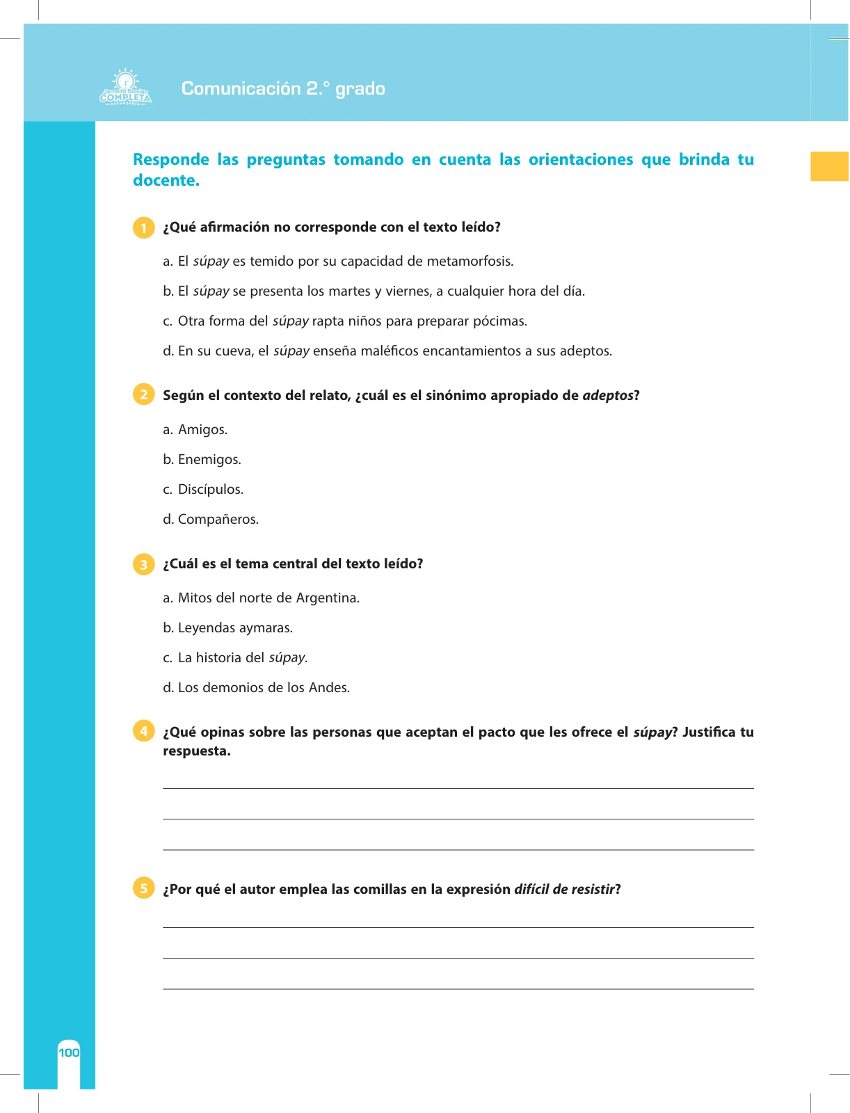Página 100 de Comunicación Secundaria 2. Cuaderno de reforzamiento pedagógico - JEC · 2016