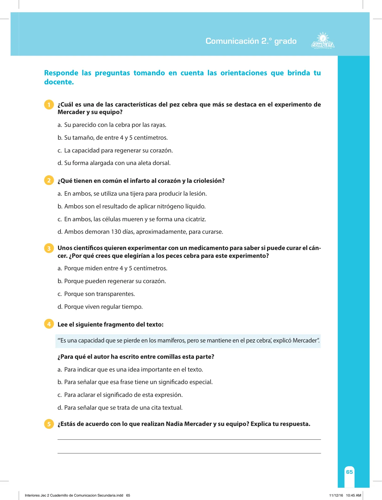 Página 65 de Comunicación Secundaria 2. Cuaderno de reforzamiento pedagógico - JEC · 2016