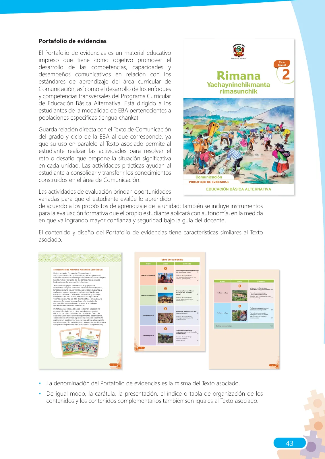 Página 43 de Guía para el docente sobre el uso del material educativo, Quechua Chanka. Ciclos Inicial e Intermedio, área de Comunicación · 2020