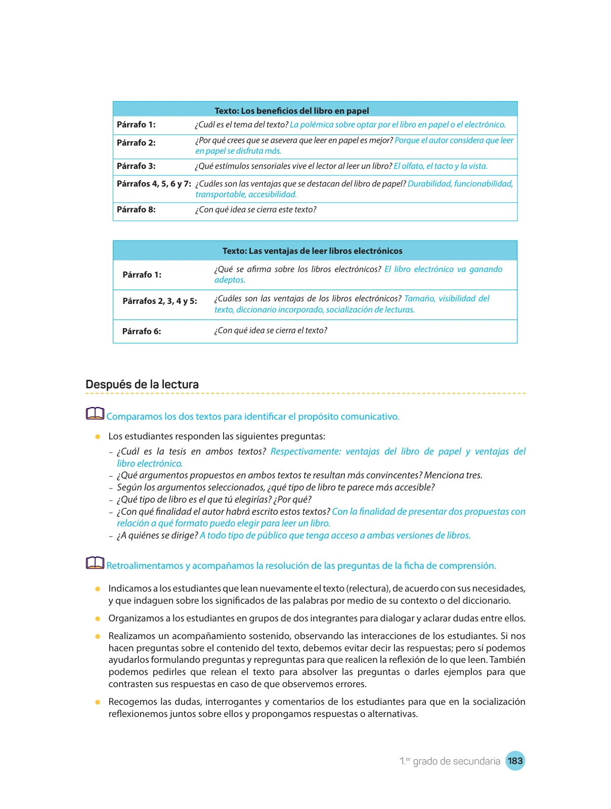 Página 185 de Comprensión lectora : manual para el docente de primer grado de Secundaria 2018 · 2018