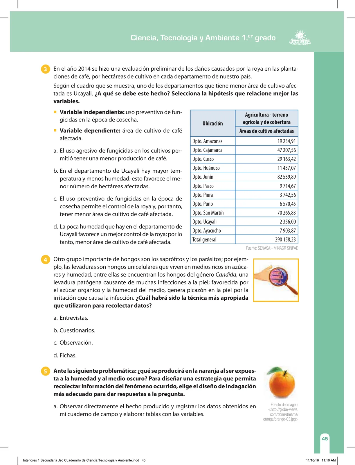 Página 45 de Ciencia, Tecnología y Ambiente 1. Cuaderno de reforzamiento pedagógico - JEC · 2016