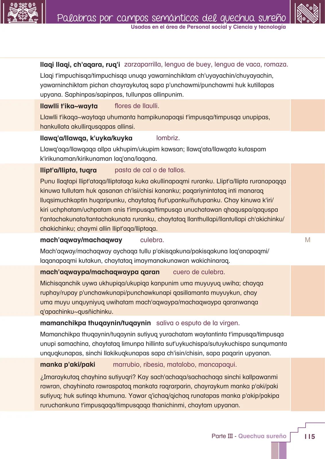 Miniatura página 117 de Yachachinapaq simikuna - Urin Qichwa : vocabulario pedagógico quechua sureño · 2021