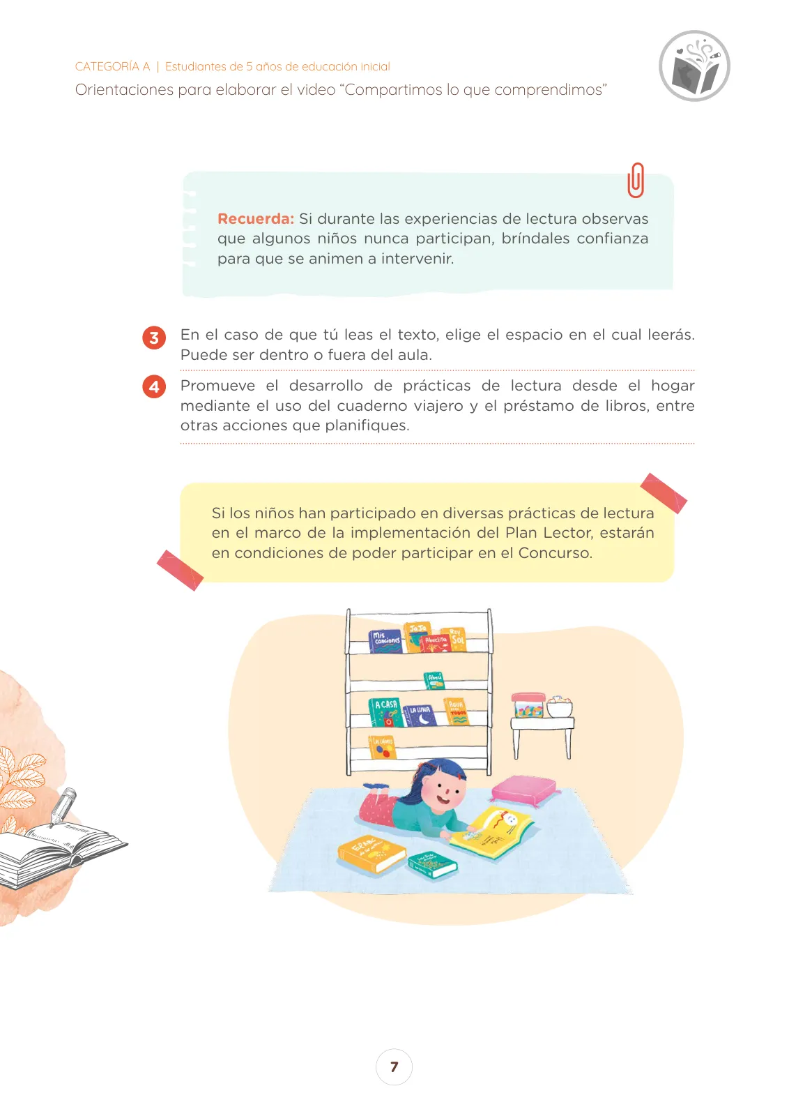 Página 7 de Orientaciones para elaborar el video “Compartimos lo que comprendimos” Concurso Nacional de Comprensión Lectora “El Perú Lee” : categoría A, estudiantes de 5 años de educación inicial · 2025