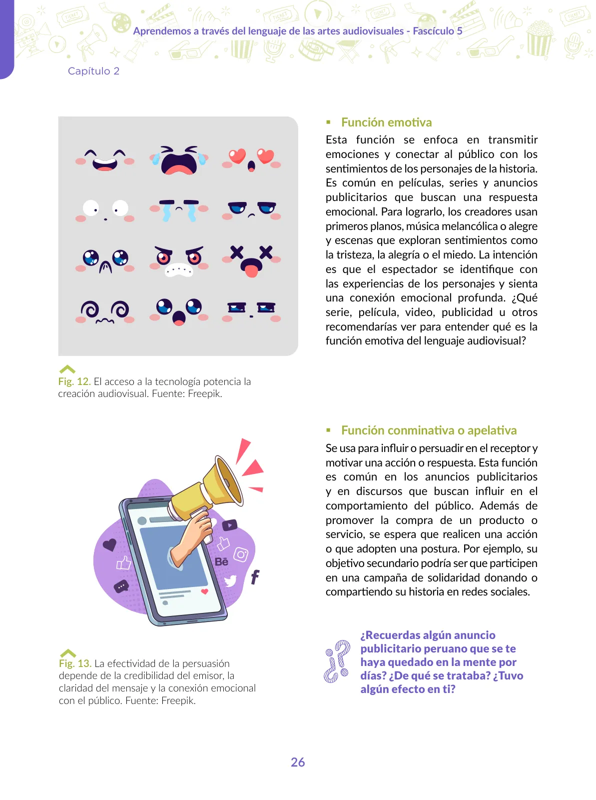 Página 26 de Aprendemos a través del lenguaje de las artes audiovisuales Fascículo 5 para estudiantes de Educación Secundaria · 2024