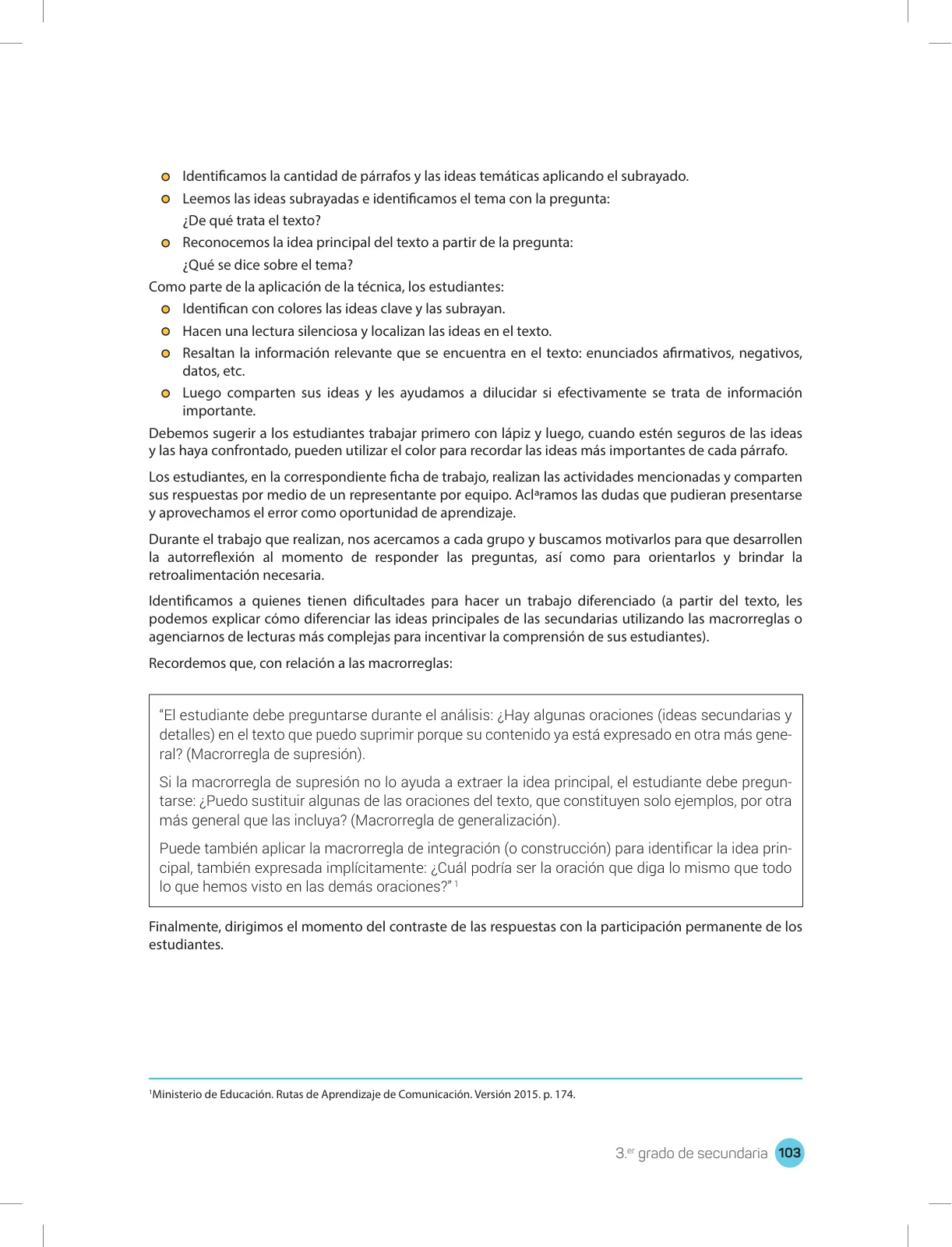 Página 105 de Comprensión lectora 3 : manual para el docente de tercer grado de Secundaria · 2017