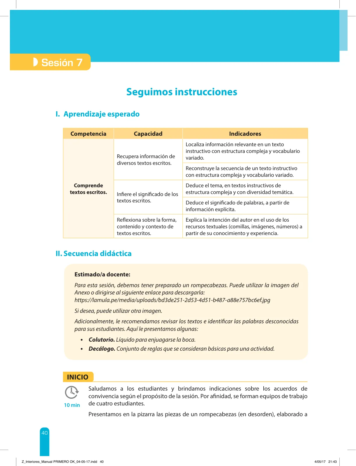 Miniatura página 42 de Comprensión lectora 1 : manual para el docente de primer grado de Secundaria · 2017