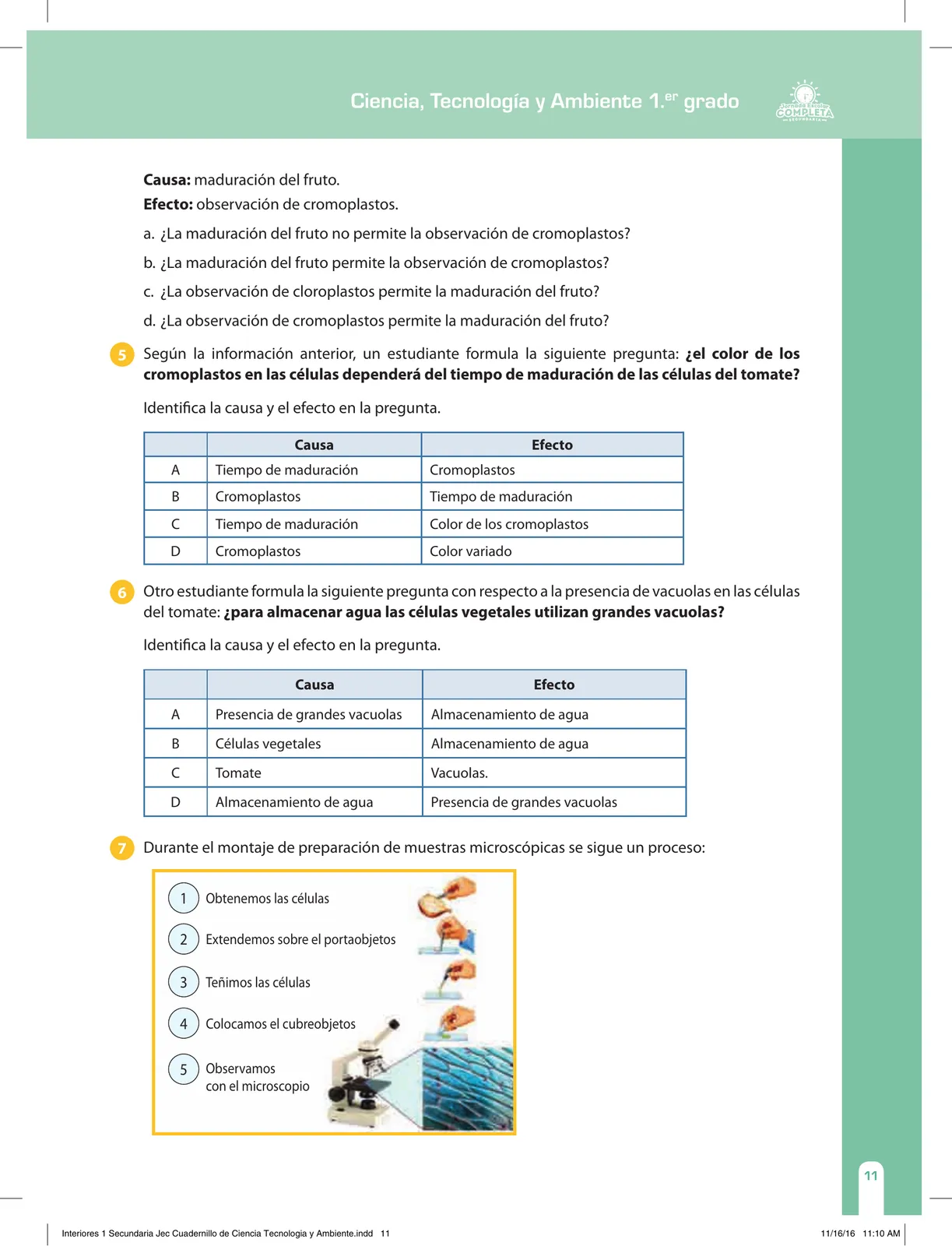 Página 11 de Ciencia, Tecnología y Ambiente 1. Cuaderno de reforzamiento pedagógico - JEC · 2016