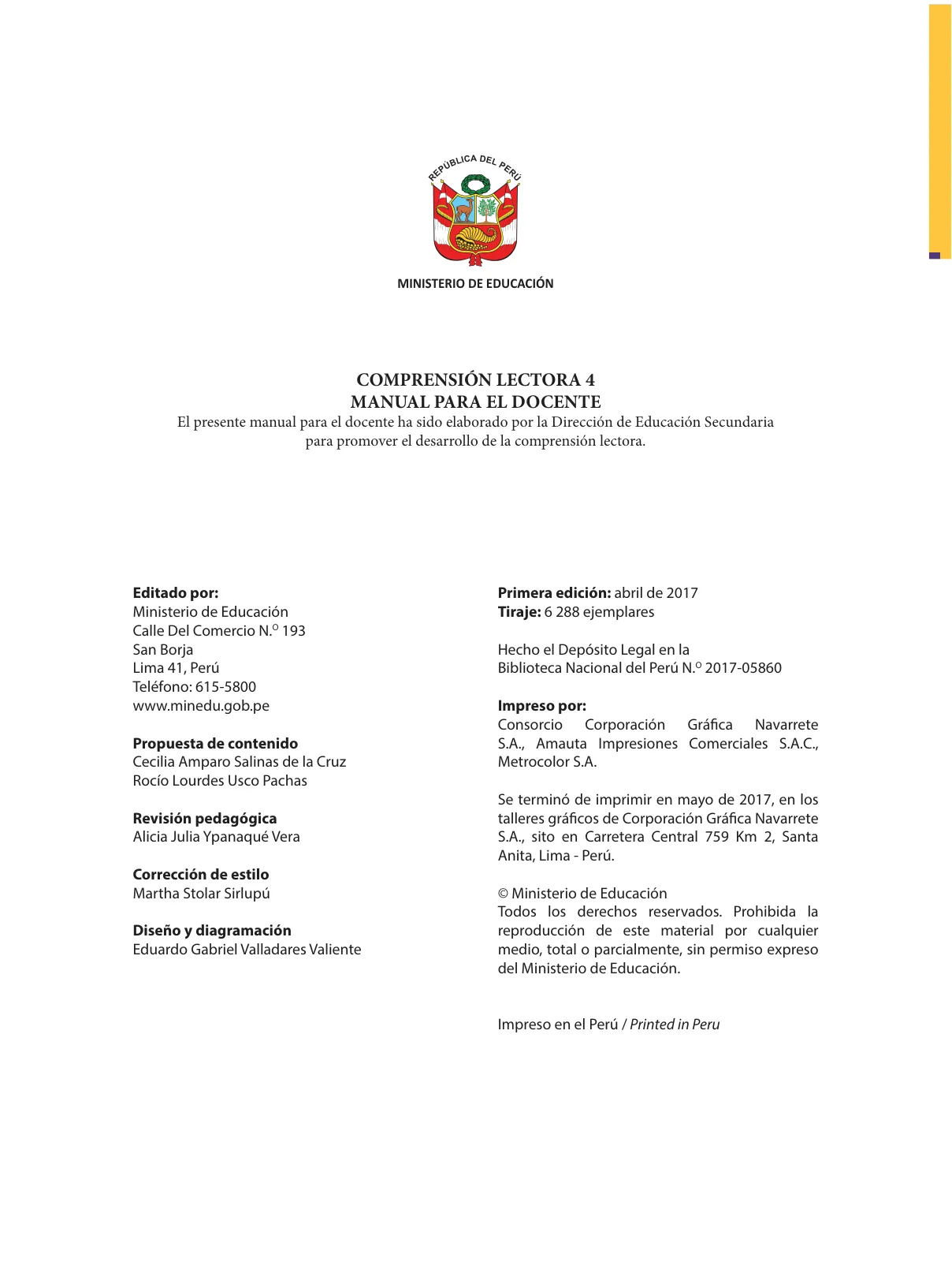 Página 4 de Comprensión lectora 4 : manual para el docente de cuarto grado de Secundaria · 2017