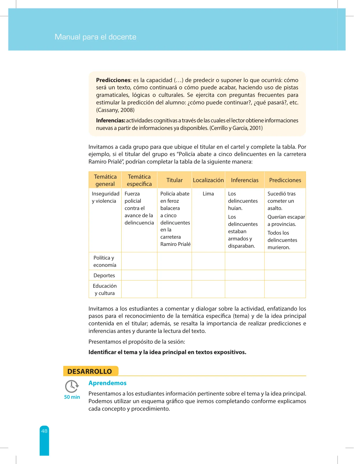 Página 50 de Comprensión lectora 2 : manual para el docente de segundo grado de Secundaria · 2017