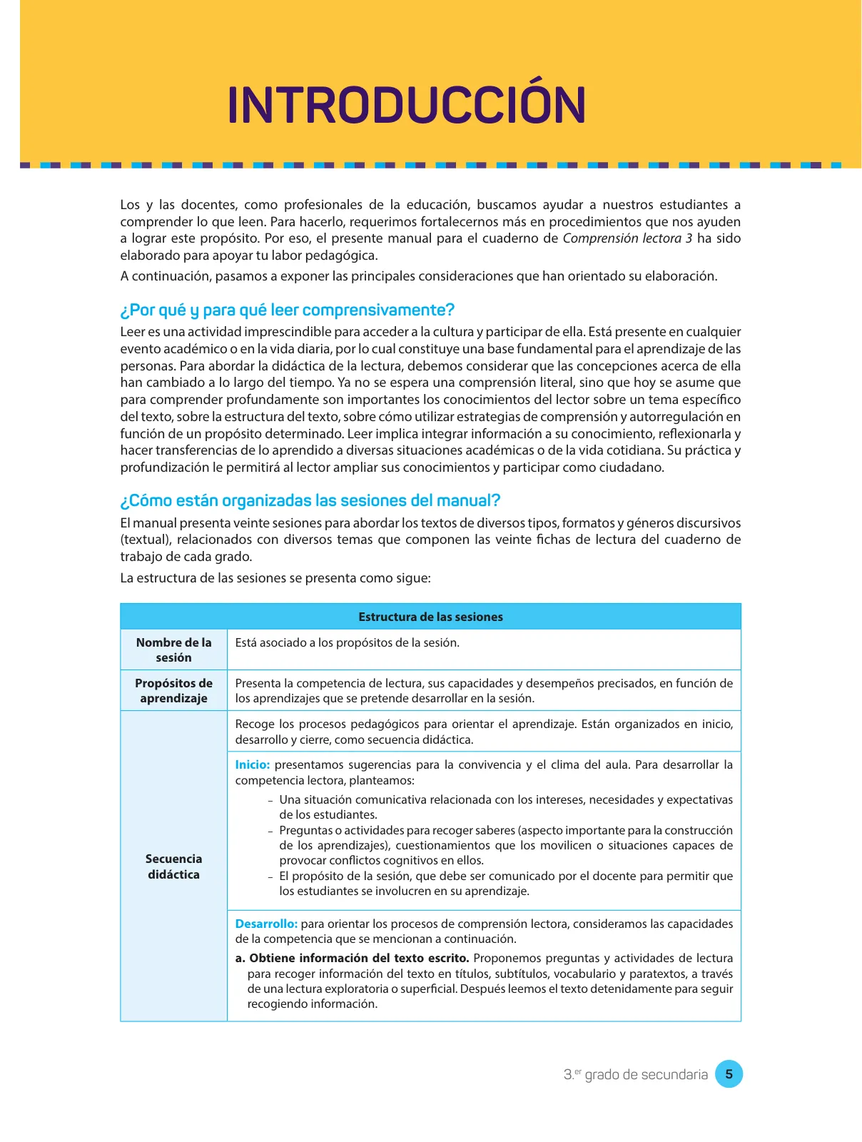 Página 7 de Comprensión lectora : manual para el docente de tercer grado de Secundaria 2018 · 2018