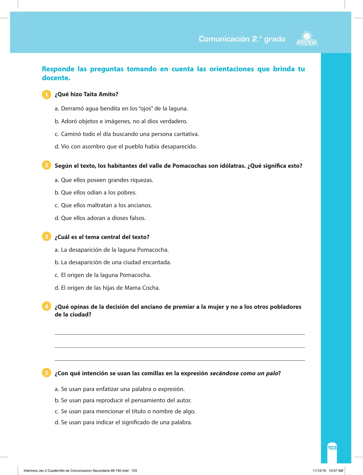 Página 103 de Comunicación Secundaria 2. Cuaderno de reforzamiento pedagógico - JEC · 2016