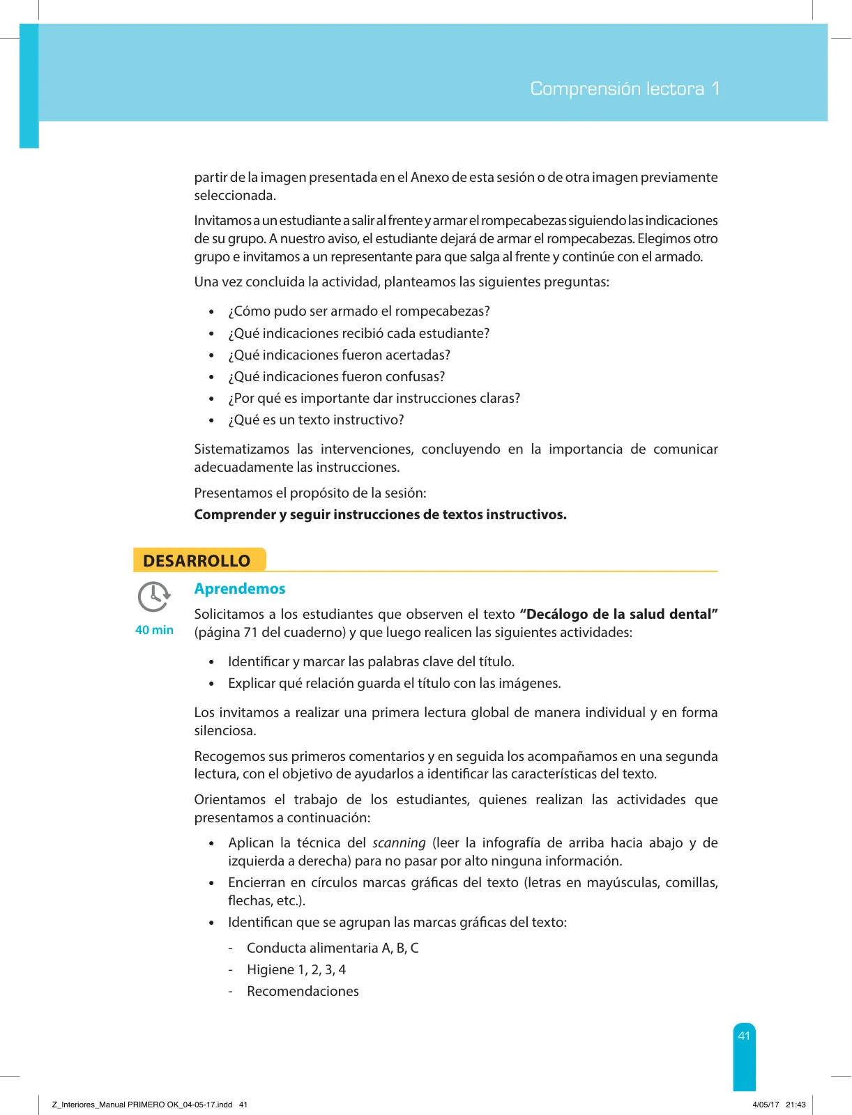 Miniatura página 43 de Comprensión lectora 1 : manual para el docente de primer grado de Secundaria · 2017