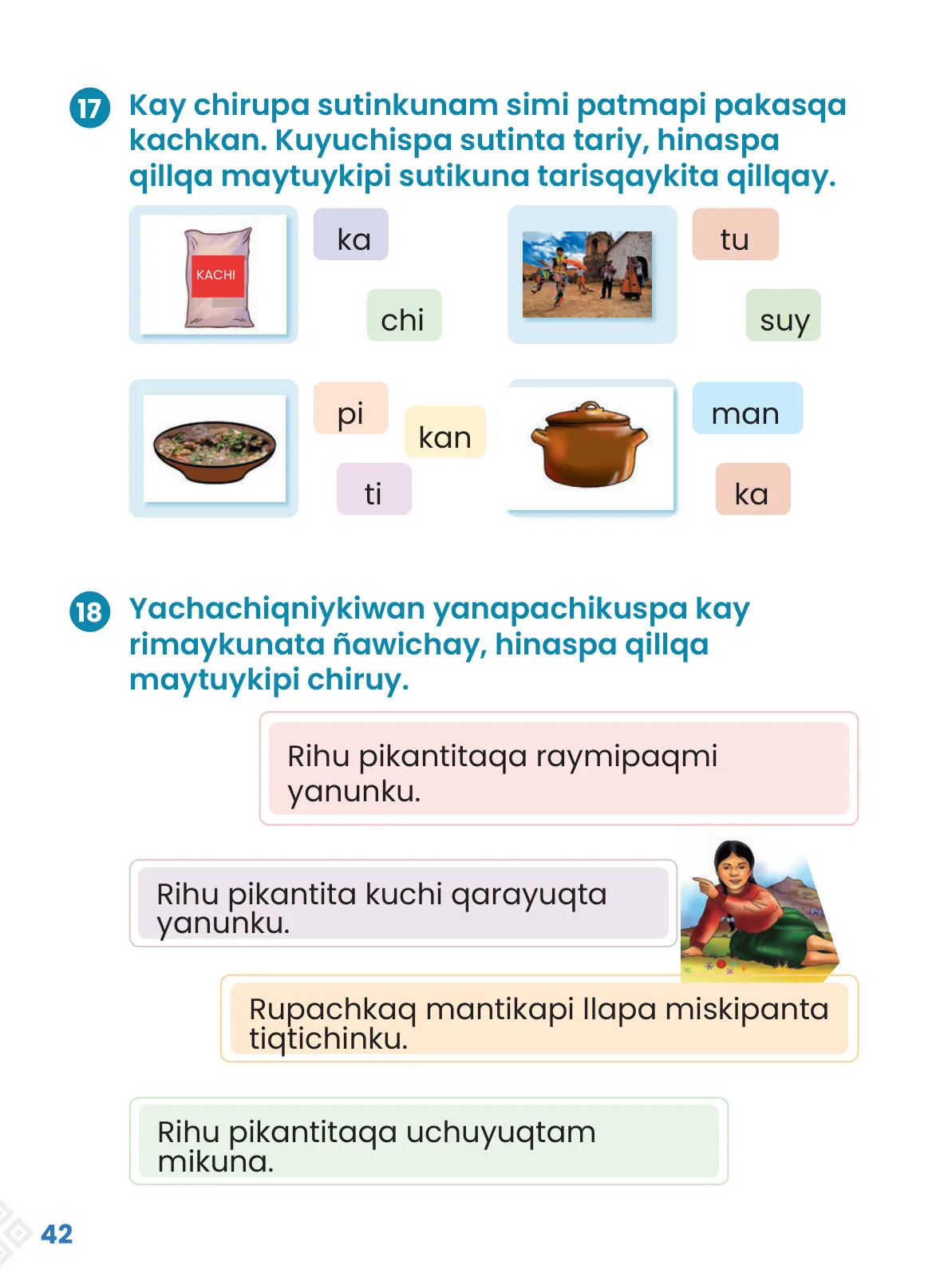 Página 44 de Ñawichana Maytu 1 Quechua - Chanka. Texto de Comunicación del 1° Primaria - Quechua Chanka · 2023