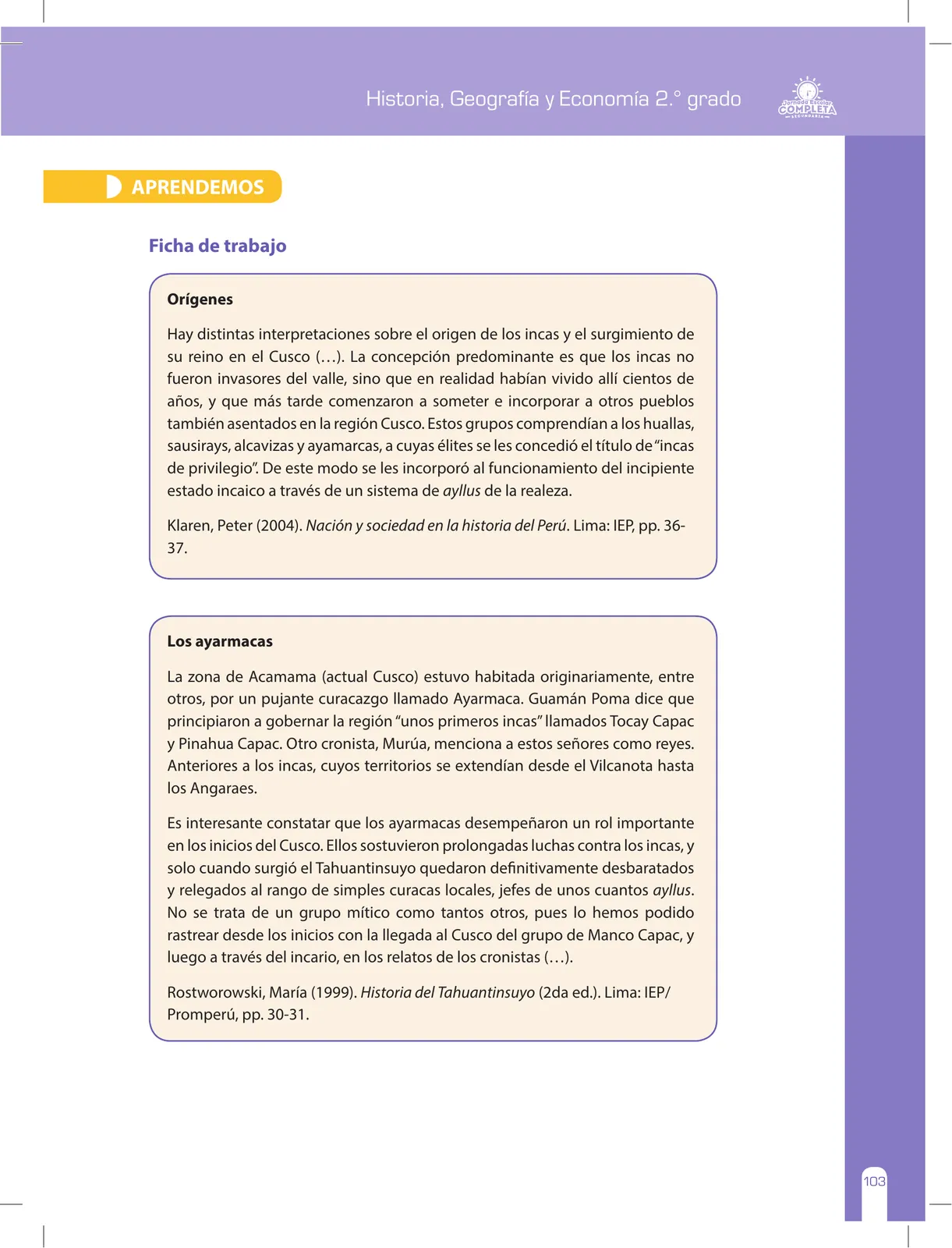 Miniatura página 103 de Historia, Geografía y Economía 2 : cuaderno de reforzamiento pedagógico - JEC ﻿ · 2016
