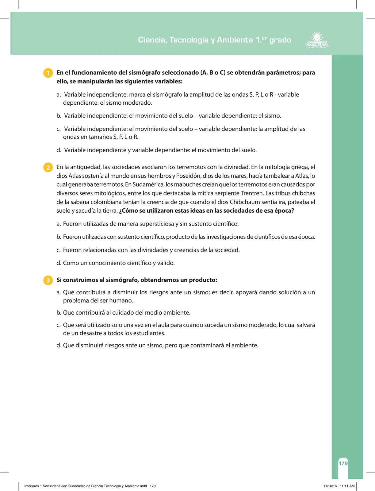 Página 179 de Ciencia, Tecnología y Ambiente 1. Cuaderno de reforzamiento pedagógico - JEC · 2016