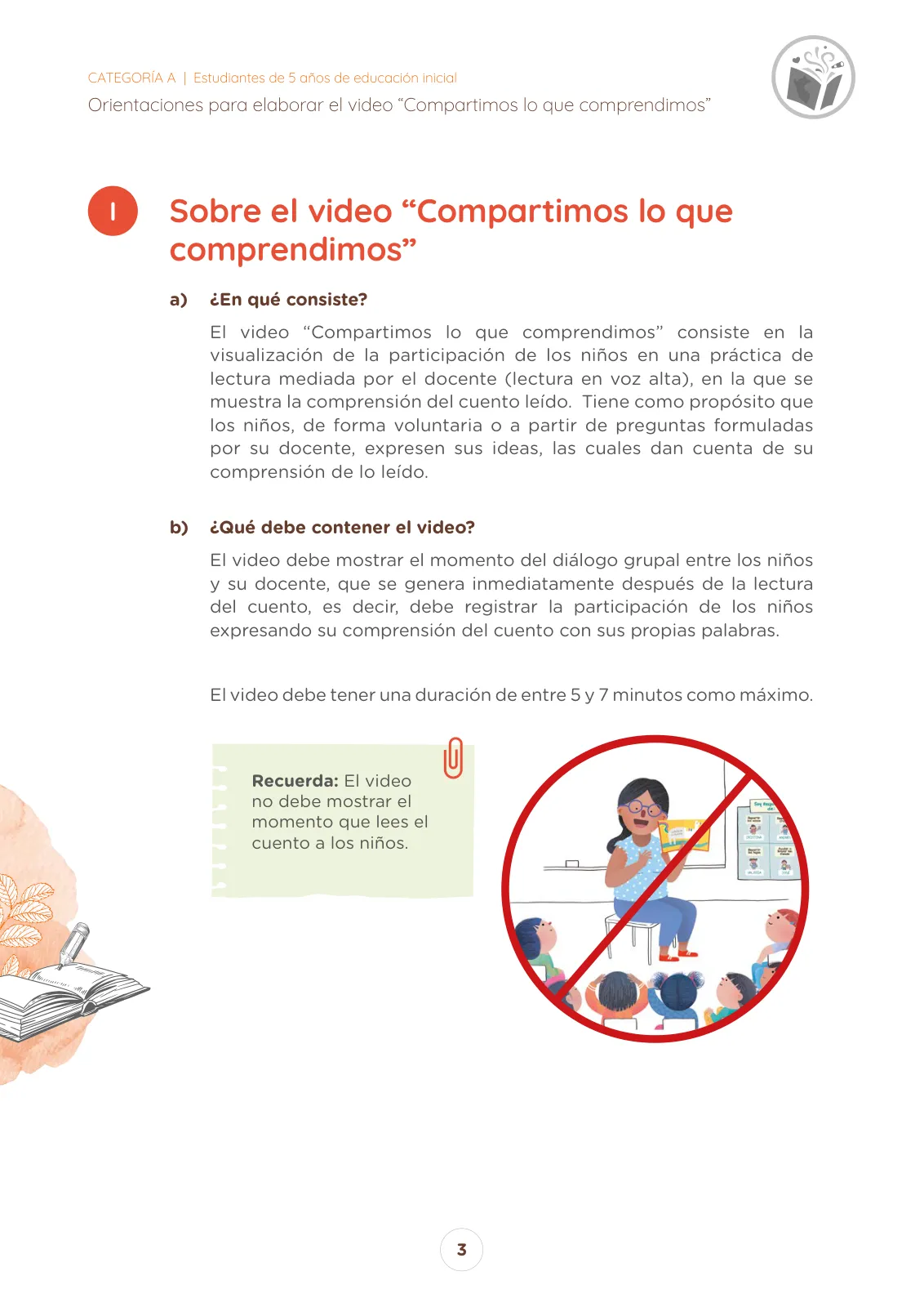 Miniatura página 3 de Orientaciones para elaborar el video “Compartimos lo que comprendimos” Concurso Nacional de Comprensión Lectora “El Perú Lee” : categoría A, estudiantes de 5 años de educación inicial · 2025