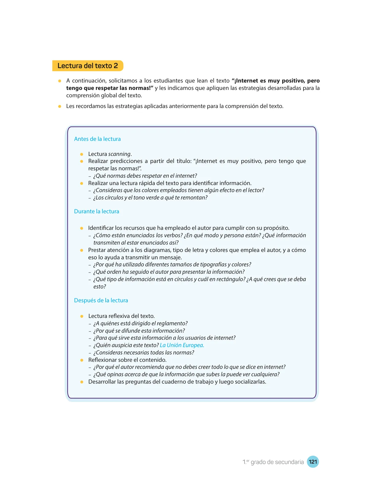 Página 123 de Comprensión lectora : manual para el docente de primer grado de Secundaria 2018 · 2018