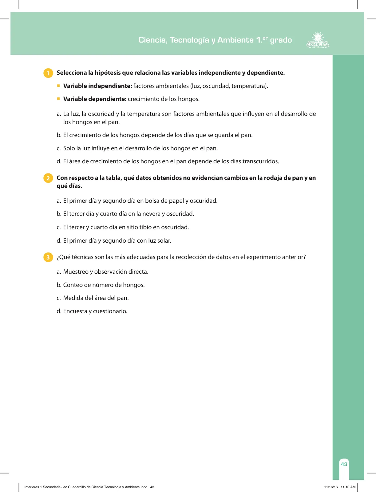 Página 43 de Ciencia, Tecnología y Ambiente 1. Cuaderno de reforzamiento pedagógico - JEC · 2016