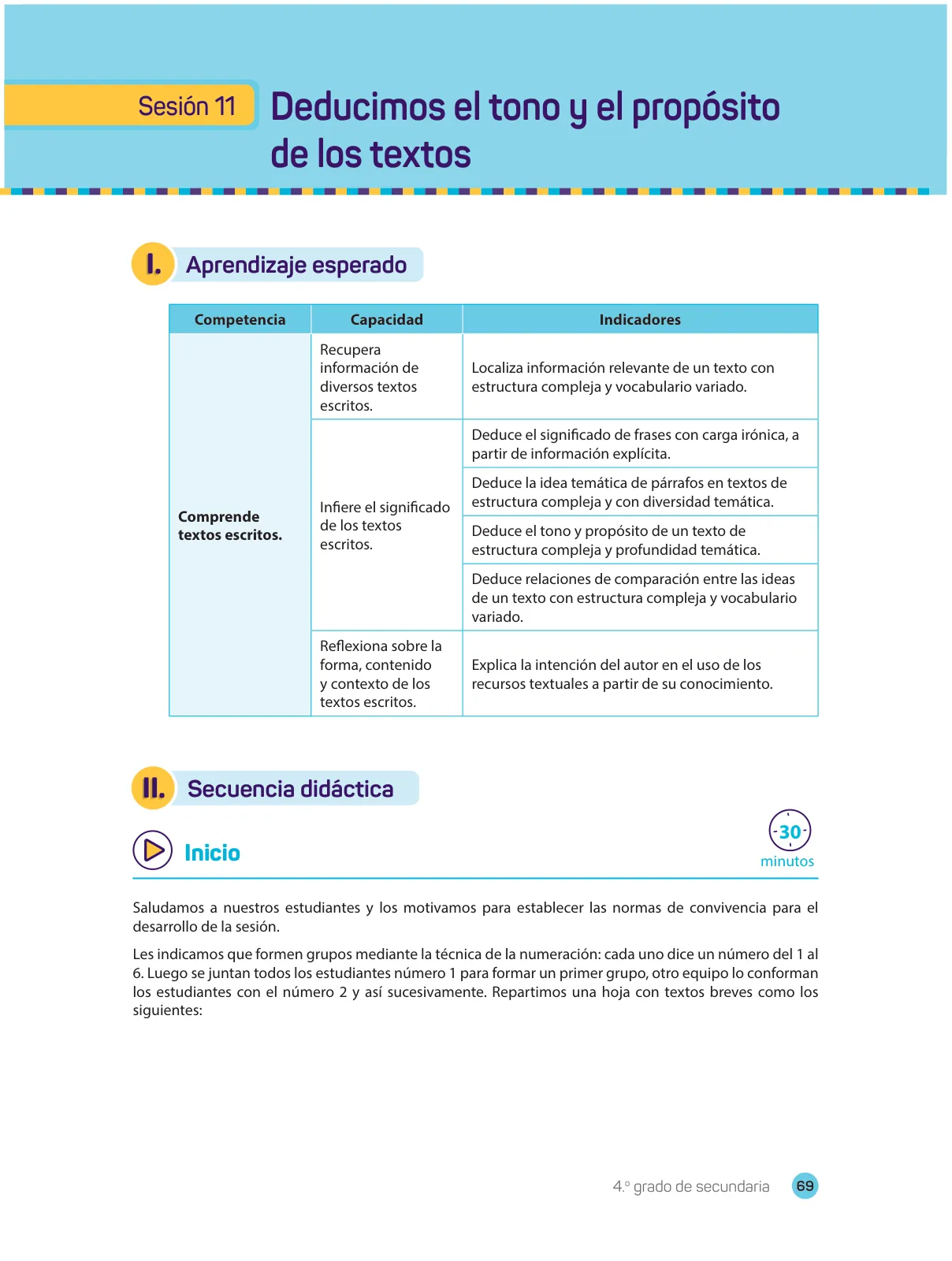 Página 71 de Comprensión lectora 4 : manual para el docente de cuarto grado de Secundaria · 2017