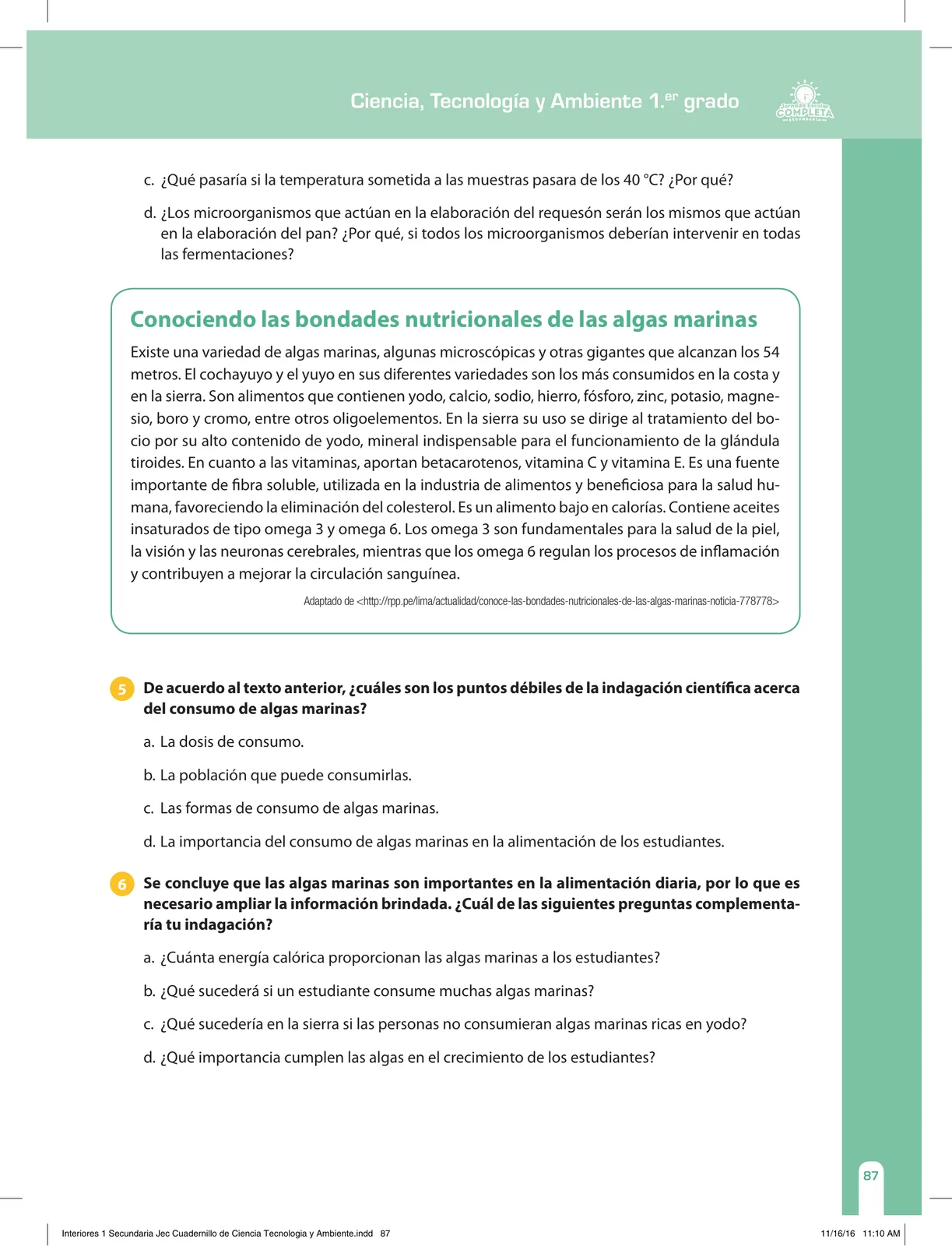 Página 87 de Ciencia, Tecnología y Ambiente 1. Cuaderno de reforzamiento pedagógico - JEC · 2016