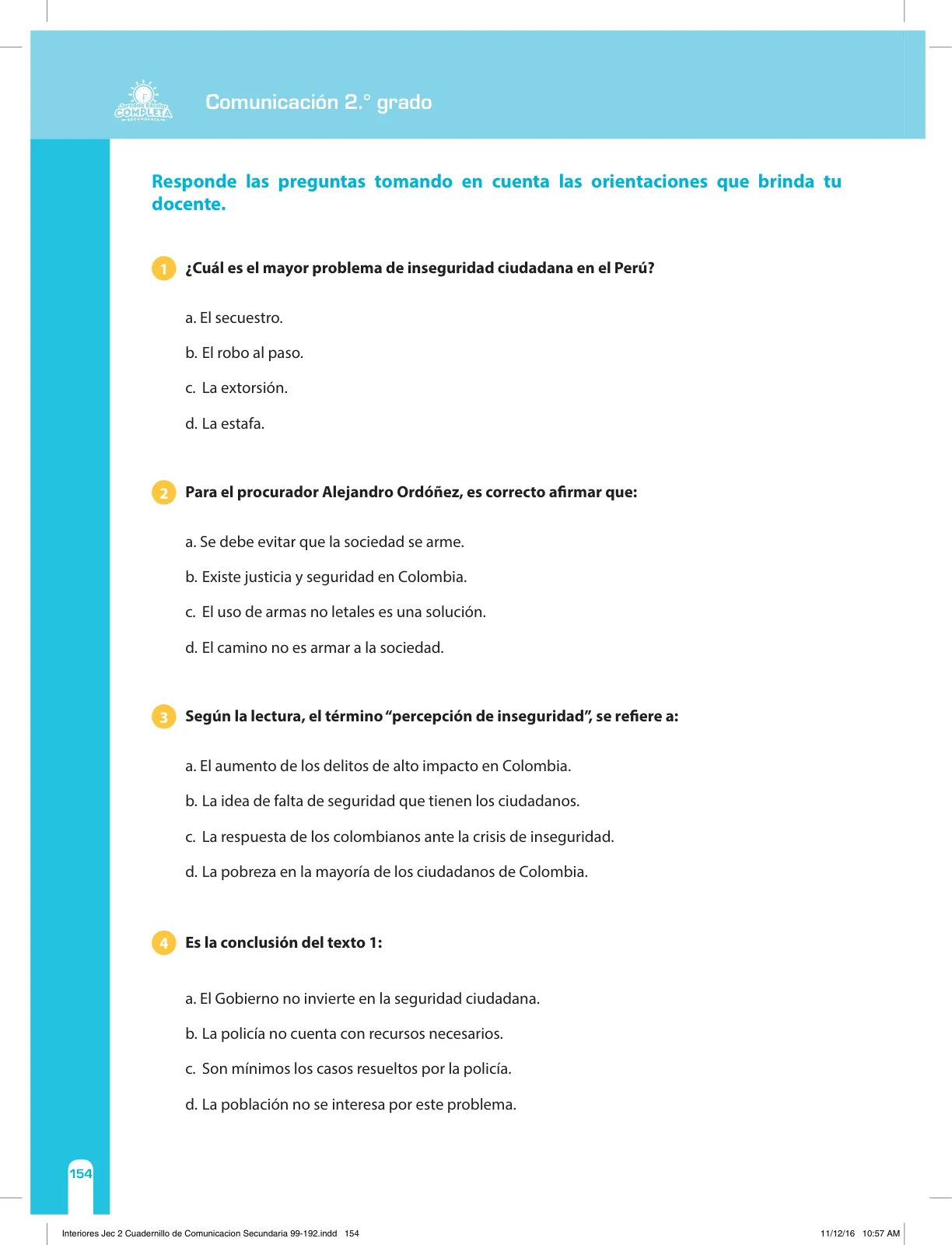 Página 154 de Comunicación Secundaria 2. Cuaderno de reforzamiento pedagógico - JEC · 2016