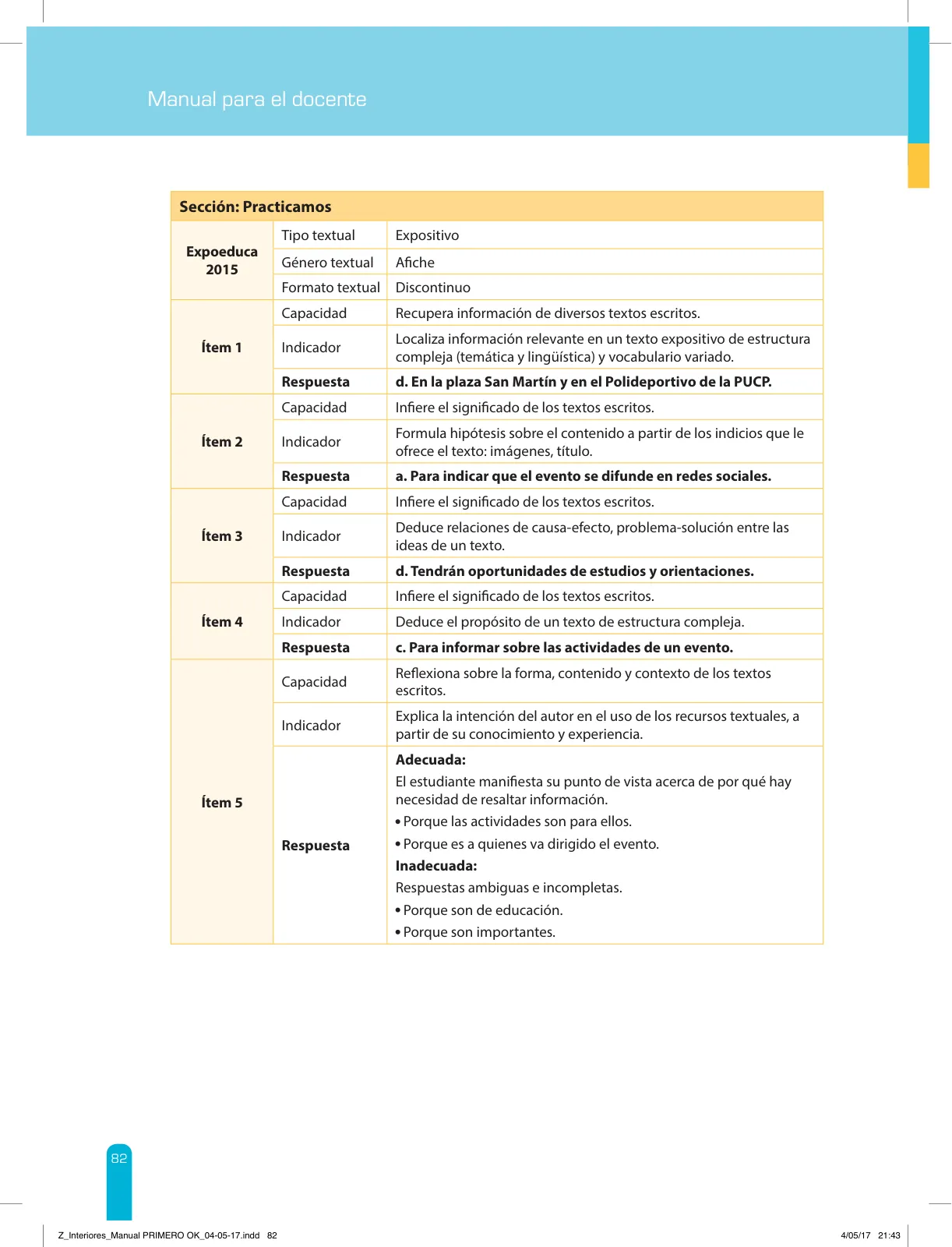Miniatura página 84 de Comprensión lectora 1 : manual para el docente de primer grado de Secundaria · 2017