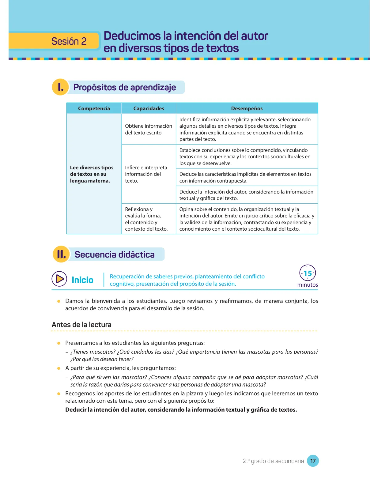 Página 19 de Comprensión lectora : manual para el docente de segundo grado de Secundaria 2018 · 2018