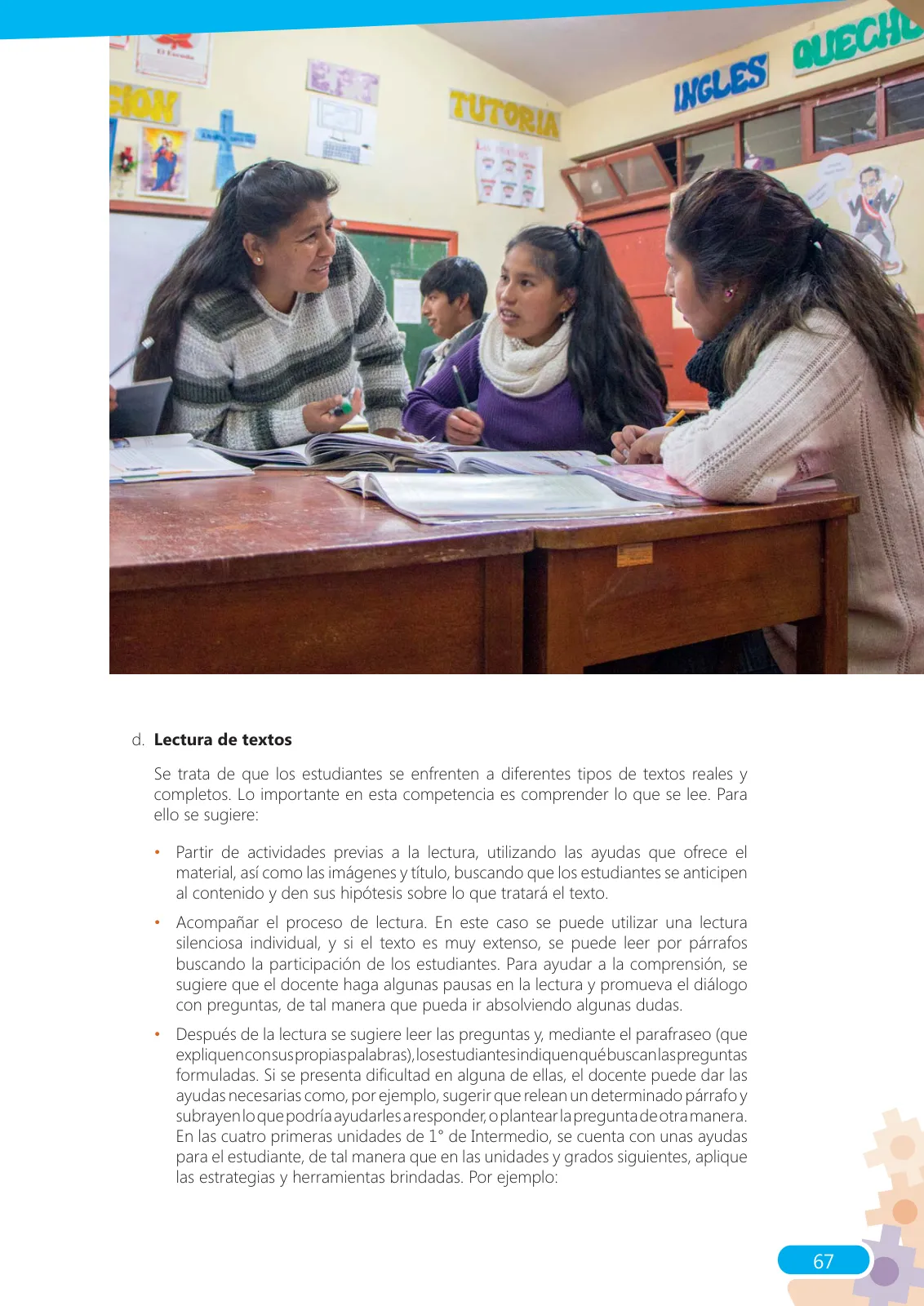Página 67 de Guía para el docente sobre el uso del material educativo, Quechua Chanka. Ciclos Inicial e Intermedio, área de Comunicación · 2020